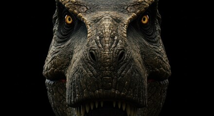 Tyrannosaurus Rex head with detailed skin texture and yellow eyes on black background