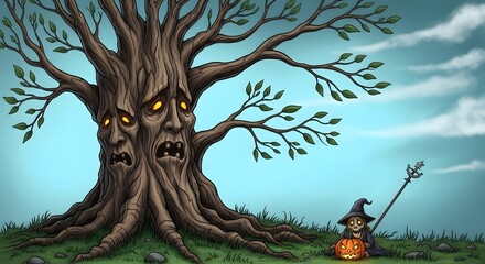 Pixelated artwork featuring a large tree with carved faces and a small character holding a pumpkin. The scene is set against a blue sky with stylized clouds.