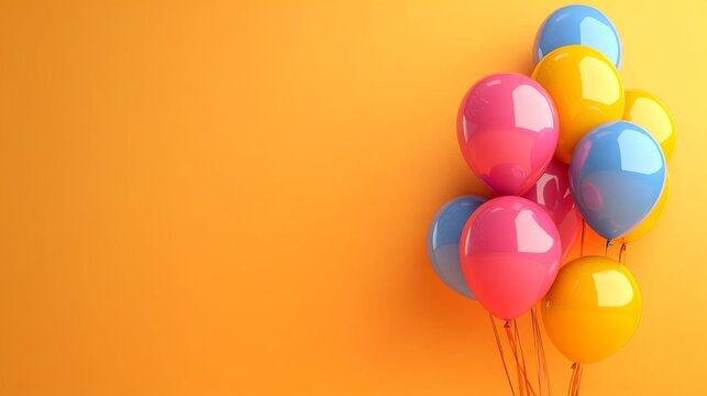 Colorful bunch of helium balloons floating against vibrant gradient background with empty space for birthday greeting, celebration message, or festive promotional text




