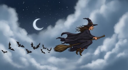 Pixelated Witch on a Broomstick Flying Across the Night Sky with Bats and Crescent Moon