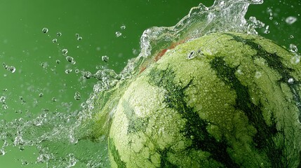 Close-up of a Watermelon Splashed with Water in Motion with Fresh Green Background and Dynamic Droplets for Refreshing Fruit Concept