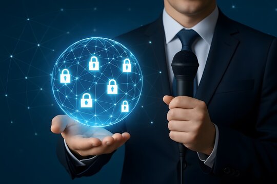 Man in suit holds microphone and presents digital globe with padlock icons