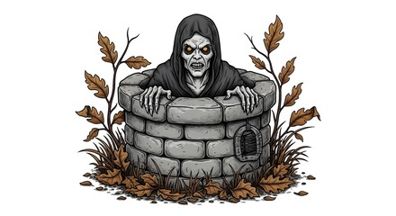 Sinister Figure Emerging From A Stone Well Surrounded By Autumn Leaves Illustration In Black And White
