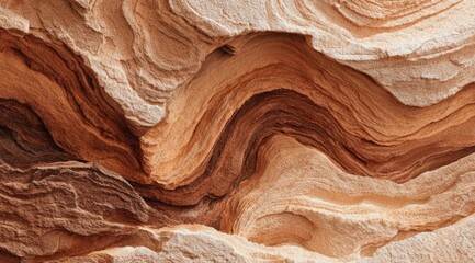 Abstract close-up of layered, sedimentary rock formation showcasing swirling, undulating patterns in warm, earthy tones of brown, beige, and tan. 