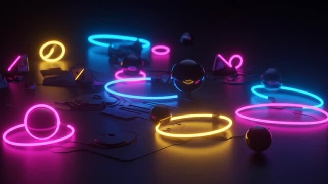 A mesmerizing futuristic footage featuring vibrant neon glow elements and sci-fi digital patterns in motion. The animation includes abstract light streaks, holographic grids, and glowing particles tha