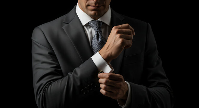 Confident man adjusting his cufflinks while wearing a stylish dark suit, white dress shirt, and elegant tie. Studio portrait with dramatic low-key lighting on black background. Focus on hand.