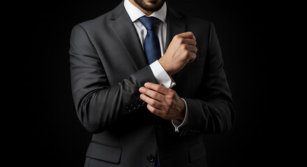 Confident man adjusting his cufflinks while wearing a stylish dark suit, white dress shirt, and elegant tie. Studio portrait with dramatic low-key lighting on black background. Focus on hand.