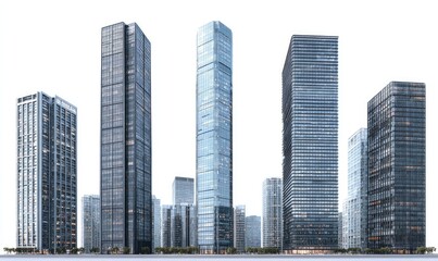 Fototapeta premium A cluster of sleek, modern skyscrapers against a white backdrop, varying in height and design, suggesting a thriving urban center