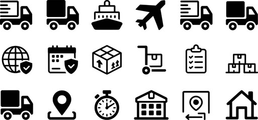 Black and white vector icons for logistics and delivery services graphic illustration