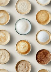 Overhead shot of various coffee drinks in small cups, arranged in a staggered pattern on a neutral background, showcasing different levels of milk foam and crema