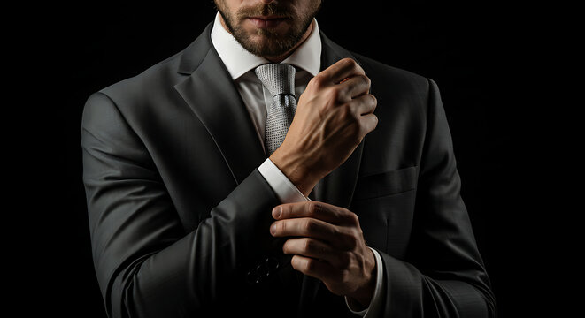 Confident man adjusting his cufflinks while wearing a stylish dark suit, white dress shirt, and elegant tie. Studio portrait with dramatic low-key lighting on black background. Focus on hand. - Powered by Adobe