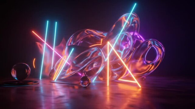 A mesmerizing futuristic footage featuring vibrant neon glow elements and sci-fi digital patterns in motion. The animation includes abstract light streaks, holographic grids, and glowing particles tha