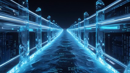 A futuristic tunnel with blue glowing water and transparent structures along the sides with code displays