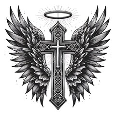 Christian faith symbolism is displayed through the ornate cross and the stylized feathered wings surrounding it with a halo.