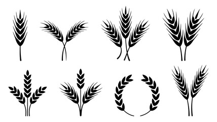 Collection of black wheat stalk icons on a white background