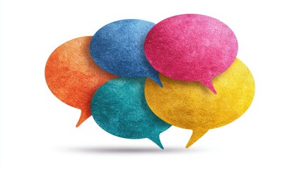 Five colorful speech bubbles, textured like felt, overlap on a white background, casting a subtle shadow