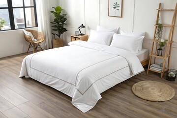 Minimalist White Bedroom with Beige Accents and Natural Light Streaming Through Large Window