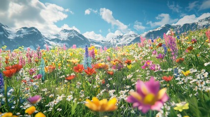 Colorful meadow landscape with snowy peaks.