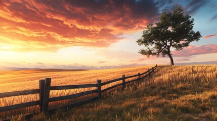 A scenic golden wheat field with a tree under colorful clouds