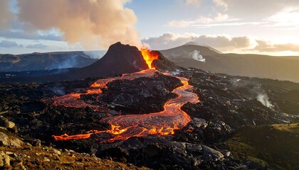 Erupting Volcano with Lava Flow with Iceland, Dramatic Landscape, Fiery Scene, and Nature.