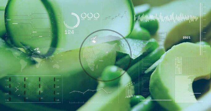 Opening macro showing cucumber rings revealing avocado wedge as HUD chart animating year trends