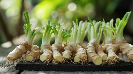 Fresh ginger sprouts on a rustic board