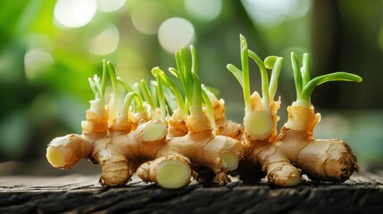 Sprouting ginger roots on a rustic wooden surface