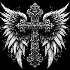 A detailed cross illustration featuring decorative wings, set against a dark backdrop to enhance the visual impact and create a dramatic effect.