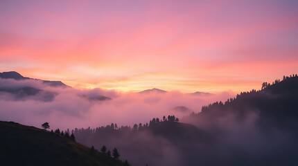 Fototapeta premium Mountain ridges emerge from pink clouds