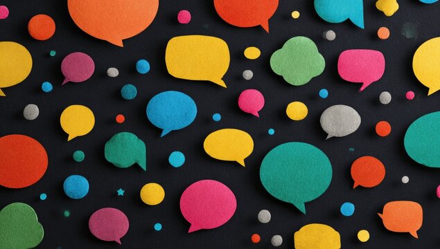 A dark background is scattered with colorful speech bubbles of varying sizes and shapes, suggesting communication or conversation