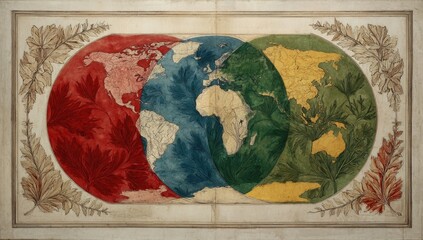 Obraz premium A hand-drawn, antique-style world map is divided into three color-coded sections, each representing a different hemisphere, overlapping to show the continents. 