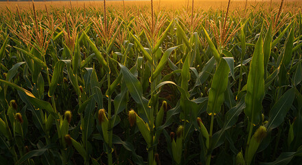 Corn Field, Lush Green Corn Field under sunset Sky, Close-Up of Corn Plants Growing in Field