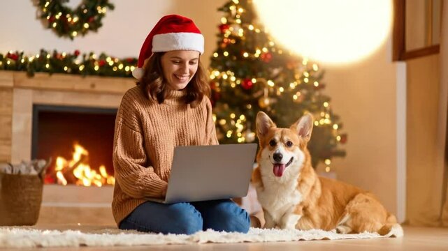 Woman Working On Laptop With Corgi Dog By Christmas Tree