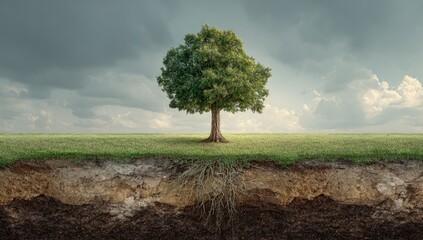 A solitary tree stands in a grassy field under a dramatic sky, its roots visible below ground, revealing layered soil