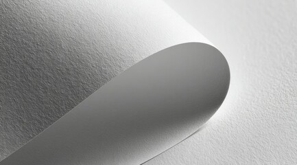Close-up of a subtly textured white sheet of paper, elegantly curved to reveal its smooth underside and shadow play
