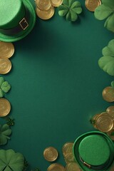 A vertical image features a dark green background framed by shamrocks, gold coins, and two green leprechaun hats, creating a festive border