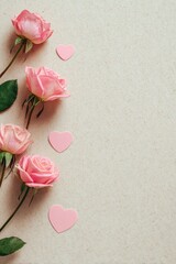 Vertical image featuring a line of pink roses and small pink hearts on a light beige background, leaving ample space for text or design