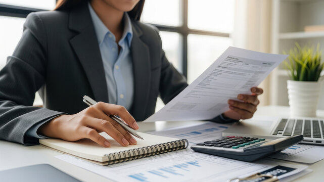 Businesswoman analyzing financial documents in modern office, focus on hands and paperwork, professional work environment, calm and focused mood - Powered by Adobe