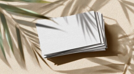 A stack of blank cards rests on a sandy surface, partially obscured by palm frond shadows cast by sunlight