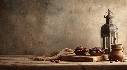 Rustic still life featuring dates in bowls, a wooden cutting board, a textured fabric, an ornate metal lantern, and a small earthenware pot, 