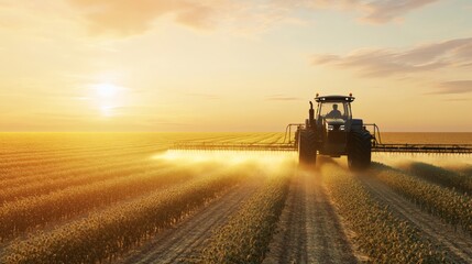 Fototapeta premium Tractor spraying fields during a golden sunset on a rural farm