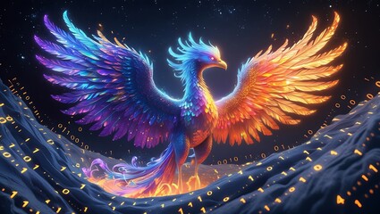 A vibrant phoenix rising amidst binary code landscape with colorful wings and starry background