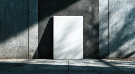 A blank white canvas stands upright against a textured concrete wall, partially in shadow and sunlight