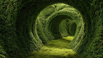A surreal, verdant pathway winds through a moss-covered tunnel system, creating a captivating, dreamlike landscape