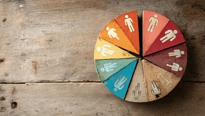 A colorful, segmented wooden circle on a wood background, each segment features a painted human figure, representing diversity or a team