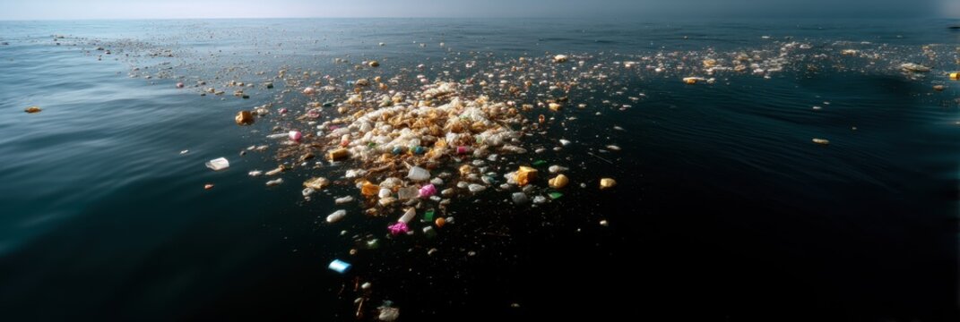 Aerial view of ocean plastic gyre and massive floating collection of debris