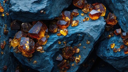 A close-up shot reveals a cluster of amber-hued crystals nestled within dark, rough-textured rocks. 