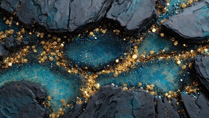 A close-up shot reveals a crevice in dark gray stone, filled with a vibrant teal resin speckled with glittering gold particles.  