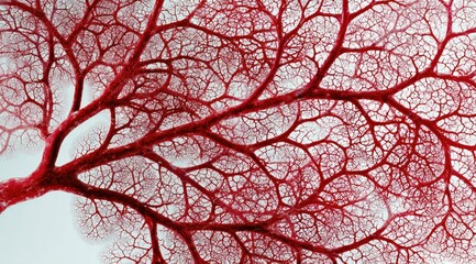 Intricate red network resembling branching veins or coral, set against a muted background, showcasing a complex, organic structure