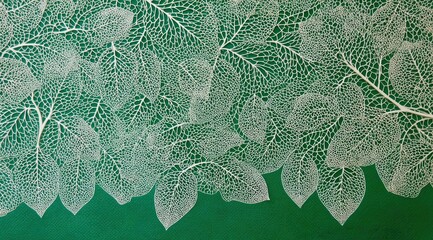 Intricate skeletal leaves arranged on a deep green background, creating a textured and visually appealing pattern
